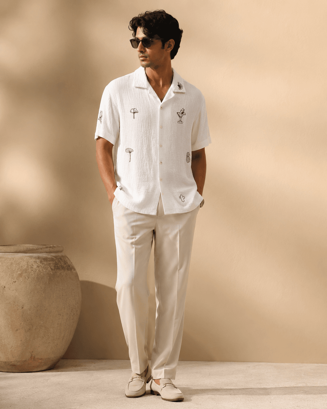 Grey Blue Striped Camp Collar Shirt Model