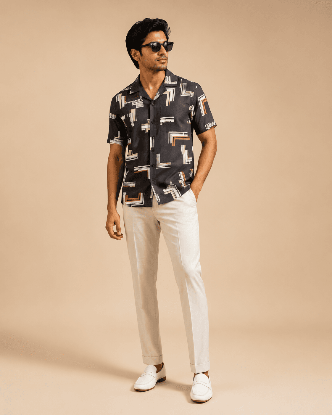 Tropical Blue Palm Print Shirt Model