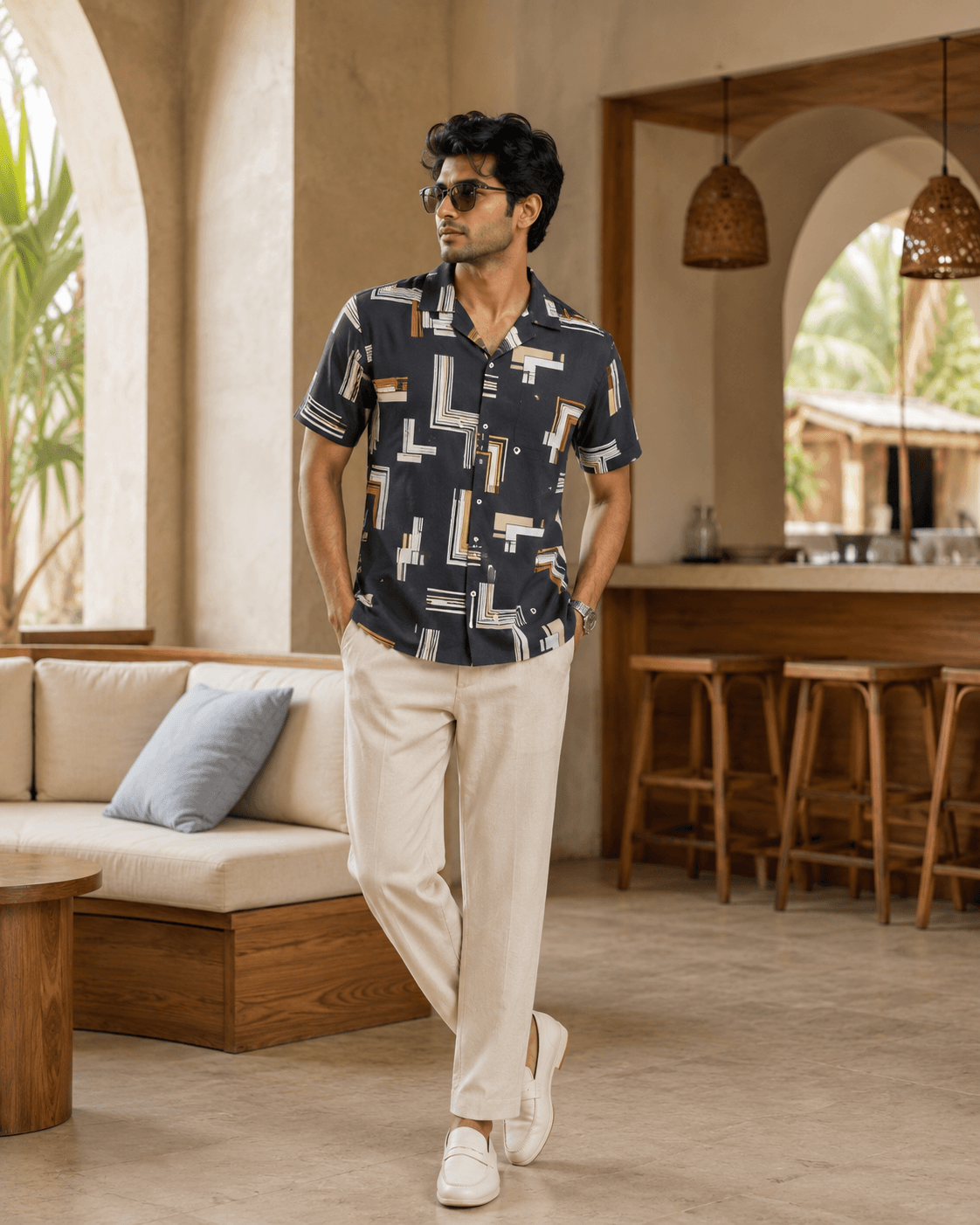 Tropical Blue Palm Print Shirt Lifestyle